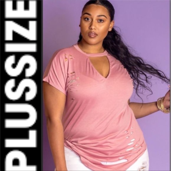 LAST 1 - PLUS SIZE CURVY MAUVE DESTROYED TEE - Picture 1 of 4